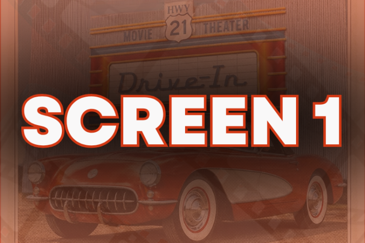 Retro drive-in theater sign with 'Screen 1' and vintage car illustration in background.