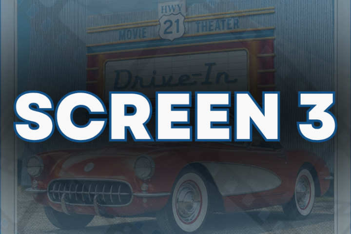 Retro drive-in sign with vintage car and 'Screen 3' text.
